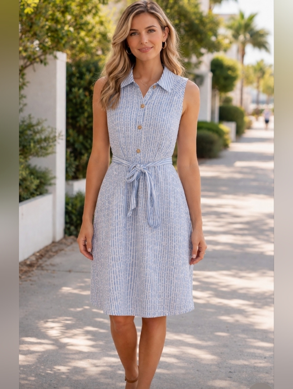 Anthropologie Sleeveless  Blue Stripe Button-Front Shirt Dress with Tie Waist